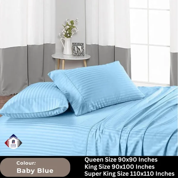 Plain Egyptian Stripe Cotton Bedsheet-Baby Blue - Image 2