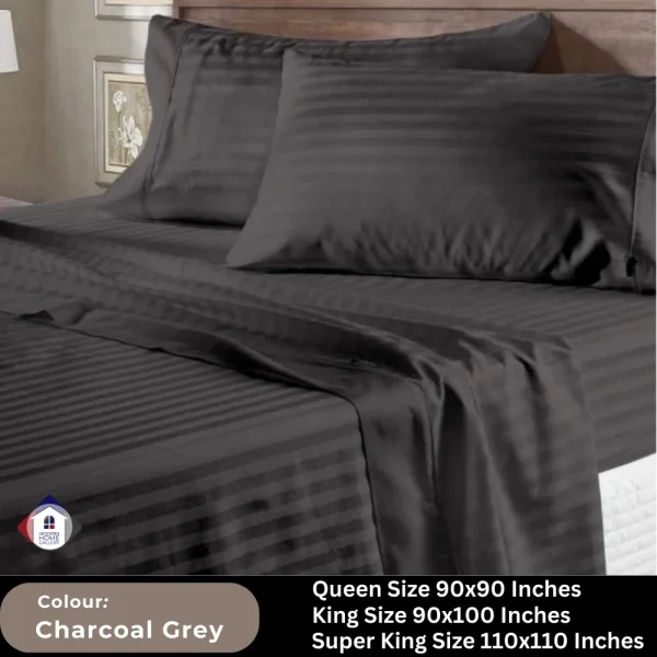 Plain Egyptian Stripe Cotton Bedsheet-Charcoal Grey