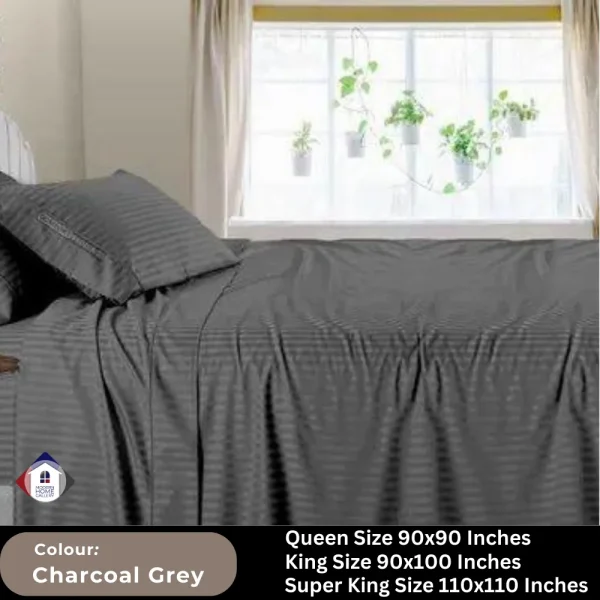 Plain Egyptian Stripe Cotton Bedsheet-Charcoal Grey - Image 2
