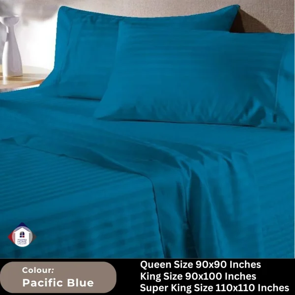 Plain Egyptian Stripe Cotton Bedsheet-Pacific Blue