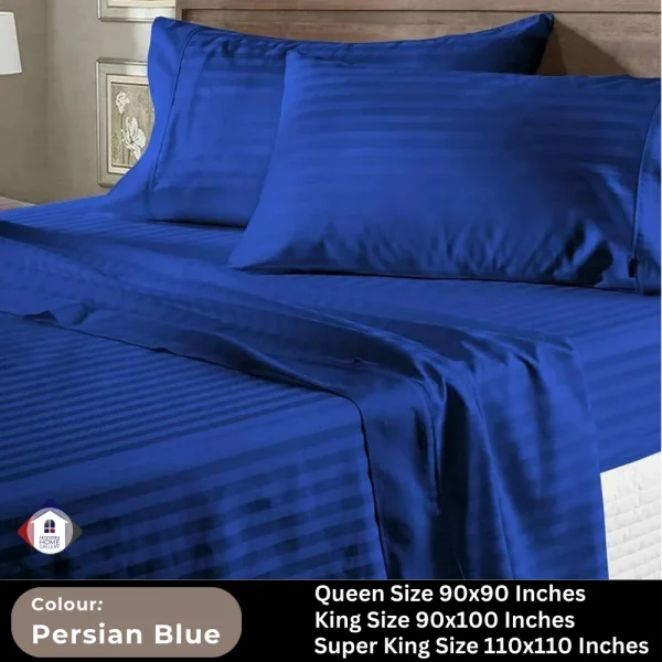 Plain Egyptian Stripe Cotton Bedsheet-Persian Blue